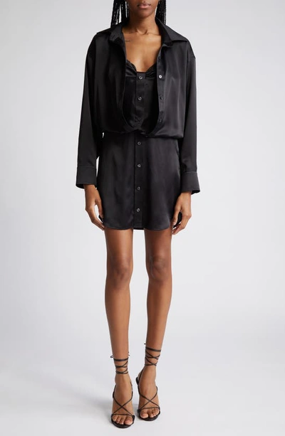 Alexander Wang Integrated Camisole Long Sleeve Silk Shirtdress In 001 Black