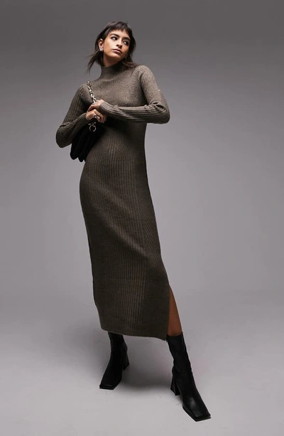 Topshop Long Sleeve Funnel Neck Rib Sweater Dress In Charcoal