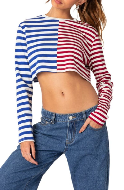 Edikted Mixed Stripe Stretch Cotton Crop Top In Blue/red Mix