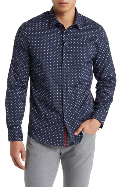 Stone Rose Painted Dot Print Stretch Cotton Button-up Shirt In Navy
