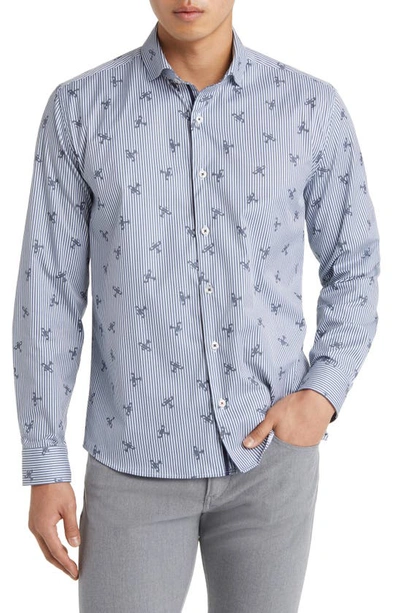 Stone Rose Dry Touch® Stripe Plane Print Performance Sateen Button-up Shirt In Navy