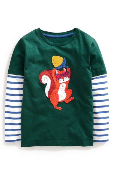 Mini Boden Kids' Squirrel Appliqué Layered Long Sleeve T-shirt In Emerald Night