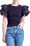 English Factory Mix Media Ruffle Sleeve Cotton Rib Top In Black