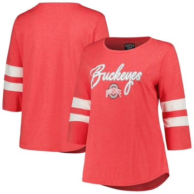 Profile Women's  Heather Scarlet Ohio State Buckeyes Plus Size Mascot Sign 3/4-sleeve T-shirt