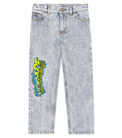 Versace Kids' Embroidered Logo Straight Jeans In Blue