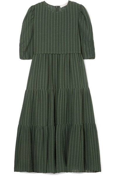 See By Chloé Tiered Striped Cotton-blend Jacquard Midi Dress In Green