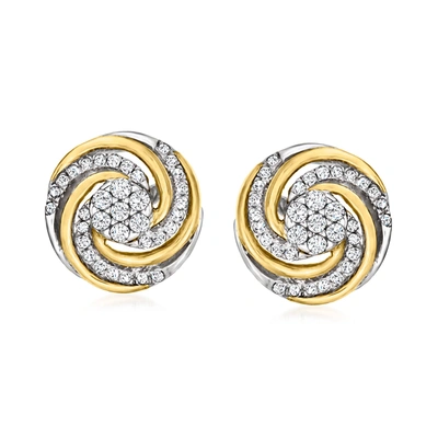 Ross-simons Diamond Swirl Stud Earrings In Sterling Silver And 14kt Yellow Gold In White