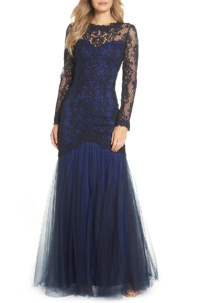 Tadashi Shoji Corded Lace Gown W/ Tulle Skirt In Navy