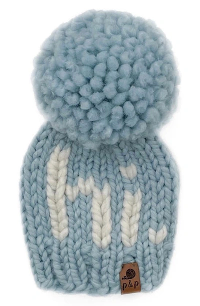 Pine + Poppy Babies' Hi Intarsia Pompom Hat In Light Blue