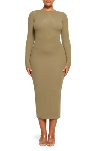 Skims Fits Everybody Long Sleeve Crewneck Dress In Khaki