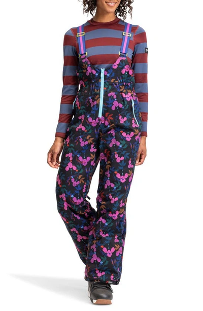 Roxy X Rowley Floral Print Insulated Bib Dungarees In Dark Reds Floral