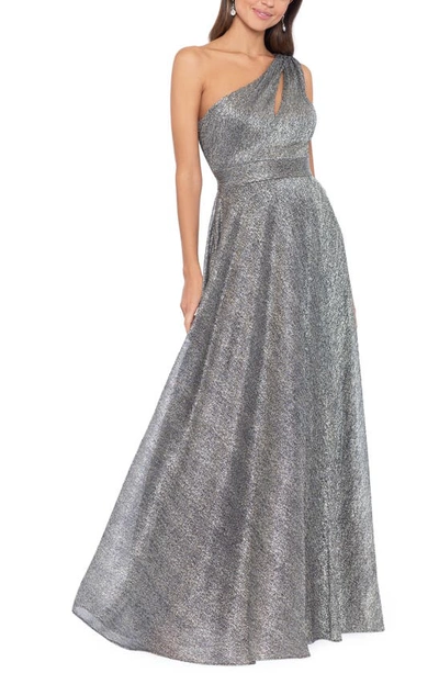 Betsy & Adam Metallic One-shoulder Crinkle Gown In Black/ Metallic