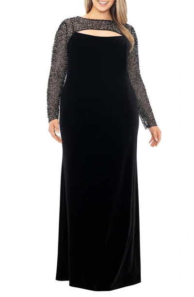 Betsy & Adam Faraj Embellished Cutout Long Sleeve Velvet Gown In Black/ Silver