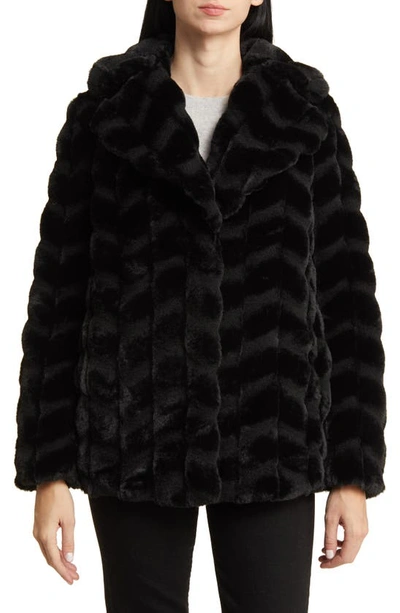 Via Spiga Grooved Herringbone Faux Fur Jacket In Black