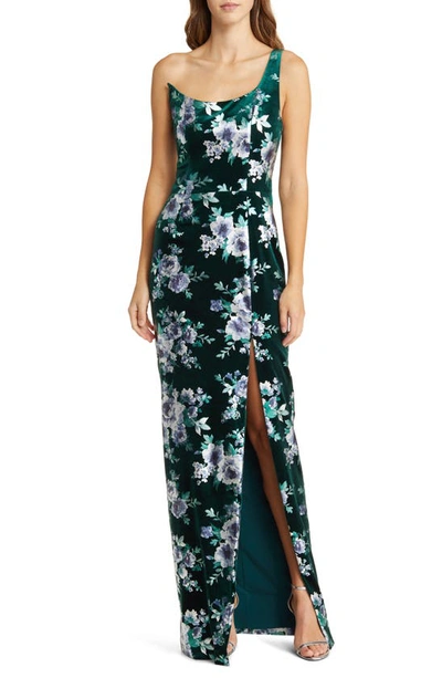 Black Halo Spice Floral One-shoulder Velvet Sheath Gown In Frosted Jewel