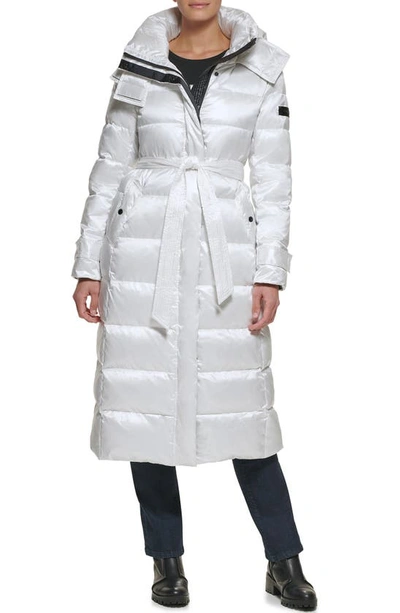 Karl Lagerfeld Contrast Belted Longline Puffer Jacket In White