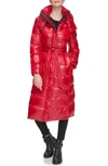 Karl Lagerfeld Contrast Belted Longline Puffer Jacket In Red
