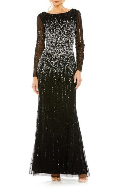 Mac Duggal Sequin Embellished Bateau Neck Long Sleeve A-line Gown In Black