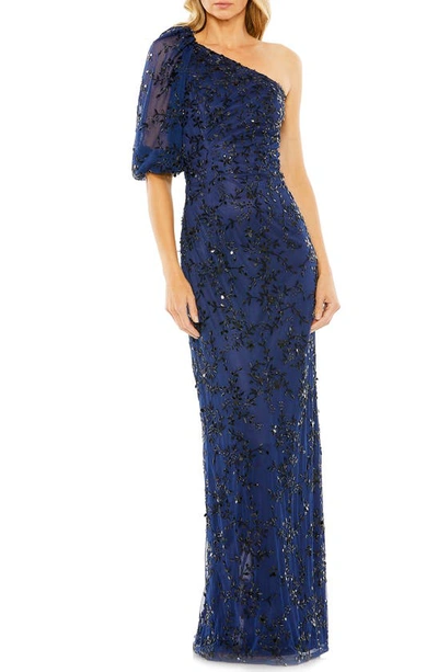 Mac Duggal Embellished Puff Sleeve One-shoulder Gown In Midnight