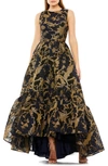 Mac Duggal Brocade High-low Gown In Midnight Gold