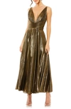 Mac Duggal Pleated Metallic Cocktail Dress In Antique Gold