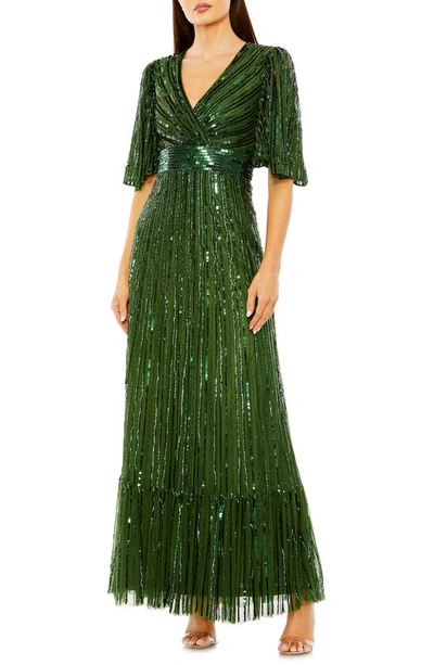 Mac Duggal Sequin Flutter Sleeve Gown In Emerald