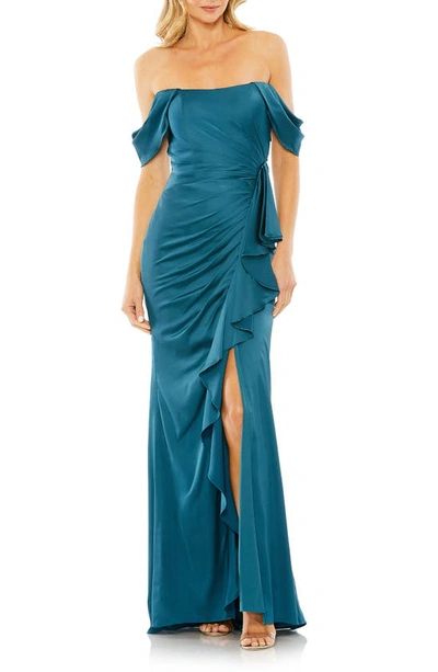 Mac Duggal Off The Shoulder Satin Gown In Ocean