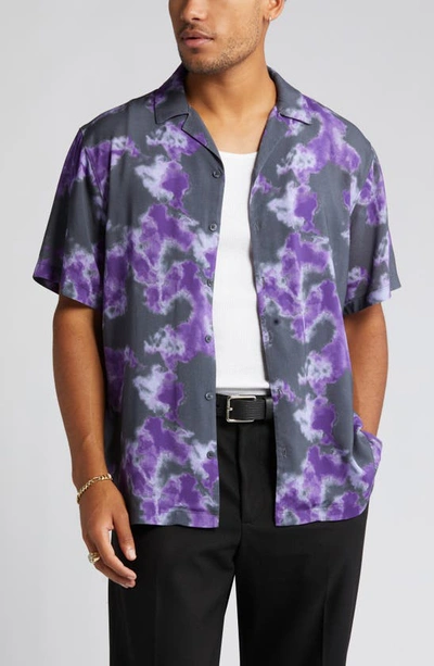 Open Edit Relaxed Fit Sky Print Button-up Camp Shirt In Navy - Purple Sky Shibori