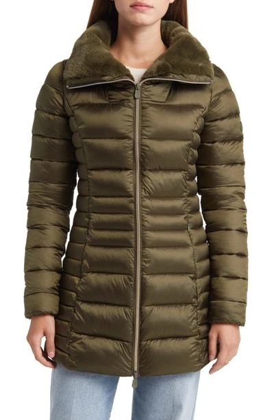 Save The Duck Caroline Faux Fur Collar Longline Puffer Jacket In Sherwood Green