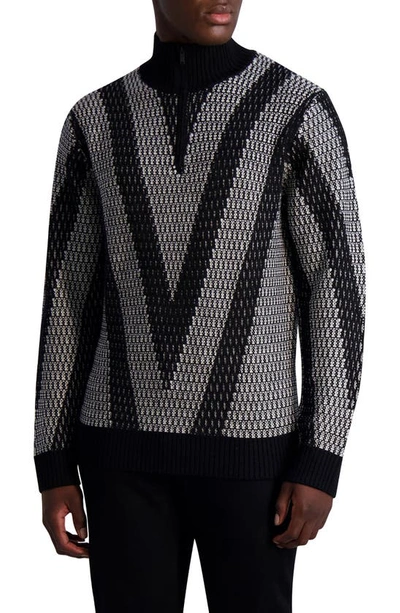 Karl Lagerfeld Chevron Jacquard Half Zip Wool Mock Neck Sweater In Black White