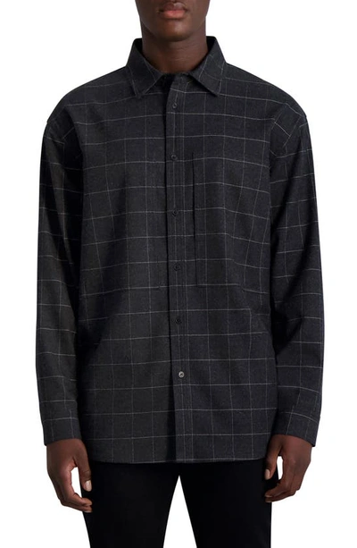 Karl Lagerfeld Oversize Windowpane Stretch Button-up Shirt In Charcoal