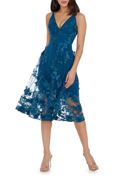 Dress The Population Audrey Embroidered Fit & Flare Dress In Peacock Blue