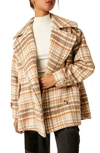 Free People Highands Plaid Double Breasted Peacoat In Brown
