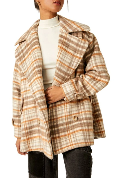 Free People Highands Plaid Double Breasted Peacoat In Brown