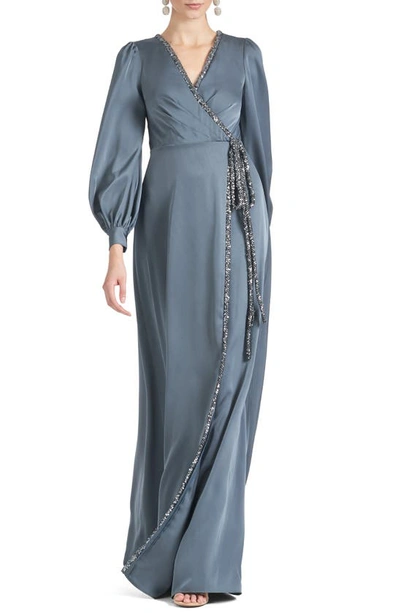 Sachin & Babi Dorthea Sequin Trim Long Sleeve Satin Crepe Faux-wrap Gown In Grey