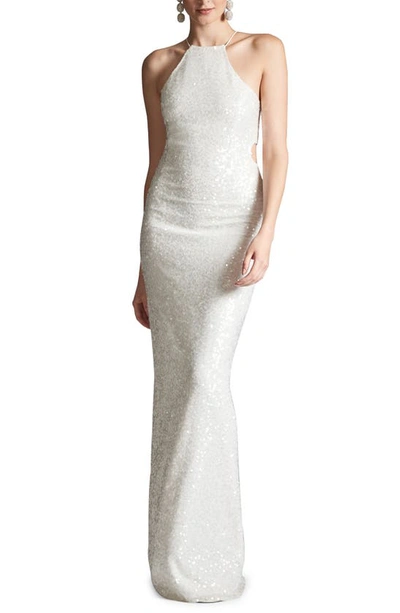 Sachin & Babi Morgan Sequin Cutout Halter Gown In Clear Ivory