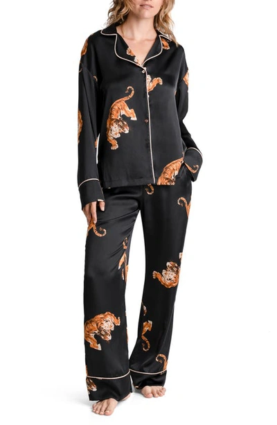 Midnight Bakery Tigress Print Satin Pajamas In Black