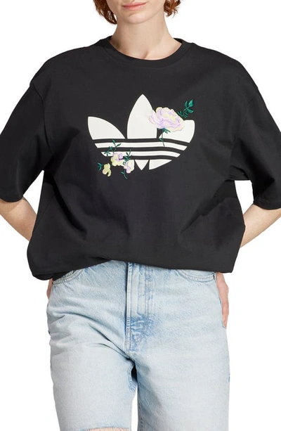 Adidas Originals Flower Trefoil Oversize Cotton T-shirt In Black