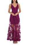 Dress The Population Sidney Deep V-neck 3d Lace Gown In Dark Magenta