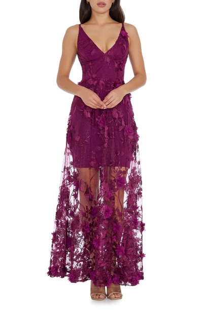 Dress The Population Sidney Deep V-neck 3d Lace Gown In Dark Magenta