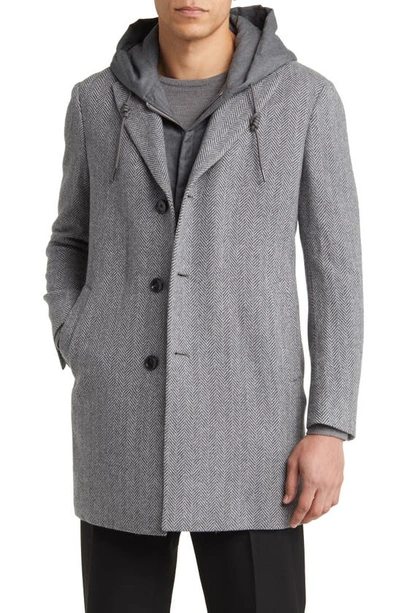 Cardinal Of Canada Tate Wool Blend Coat With Hooded Wool Bib In Grey Herringbone