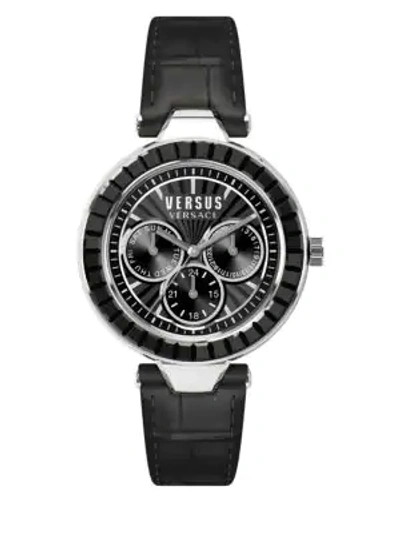 Versus Sertie Stainless Steel Leather Strap Multifunction Watch In Black