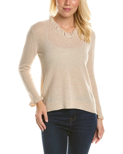 Hannah Rose Ruffle V-neck Cashmere Sweater In Brown