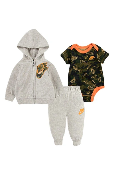 Nike Babies' Crayon Camo Zip Hoodie, Joggers & Bodysuit Set In Stone Heather