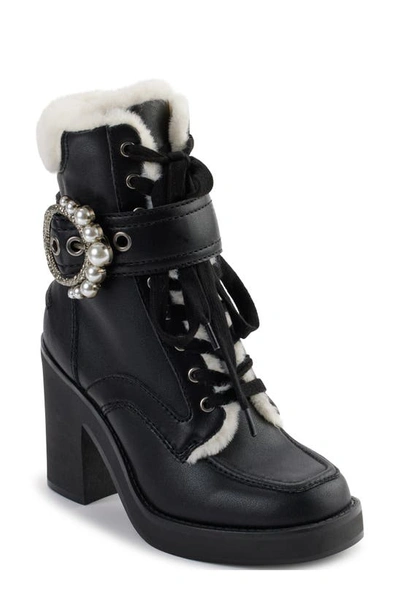 Karl Lagerfeld Dottie Platform Boot With Faux Fur Trim In Black/ Natural