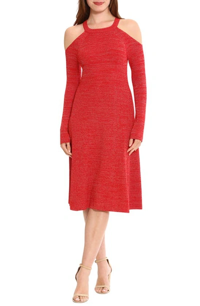 London Times Cold Shoulder Long Sleeve Fit & Flare Sweater Dress In Red |  ModeSens