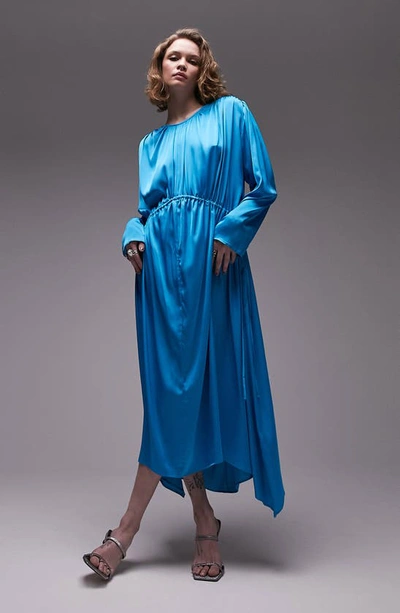 Topshop Ruched Oversize Long Sleeve Satin Maxi Dress In Mid Blue