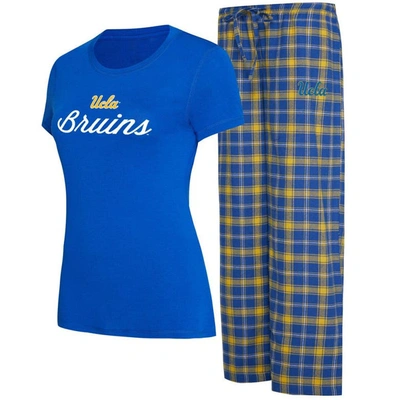 Concepts Sport Women's  Royal, Gold Ucla Bruins Arctic T-shirt And Flannel Pants Sleep Set In Royal,gold