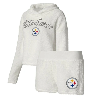 Concepts Sport Women's  White Pittsburgh Steelers Fluffy Pullover Sweatshirt Shorts Sleep Set