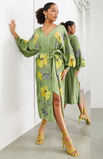 Asos Design Edition Floral Embroidery Long Sleeve Midi Dress In Mid Green